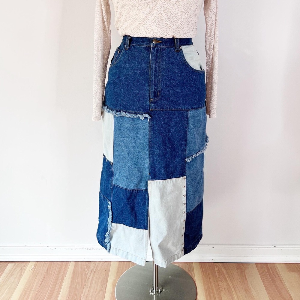 Large Roaman's Patchwork Denim Maxi Skirt Blue Star Studded 90s Vintage